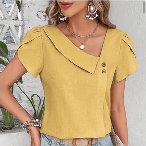 Classic Elegant Asymmetrical Neck Short Petal Sleeve Top Blouse Shirt